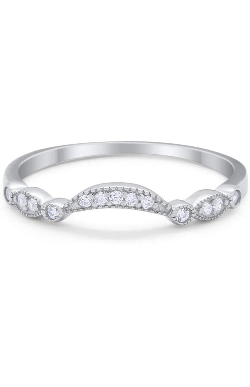 Art Deco Curved Wedding Band Ring CZ 925 Sterling Silver Size 7 Enhancer Stacker